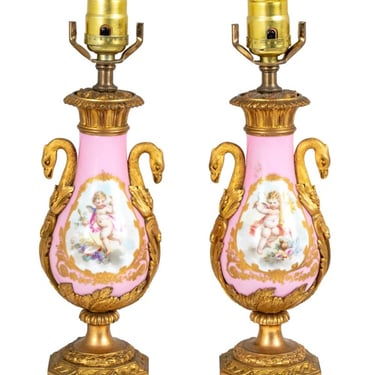 Sevres Pink Ground Porcelain Lamps, Pair