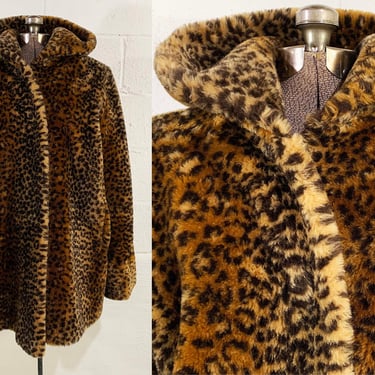 Vintage Faux Cheetah Fur Coat Oversized Teddy Bear Winter Hooded Monterey Fashions Animal Print Jacket Hipster Boho Plus 1980s XXL XL 