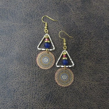 Hammered brass triangle mandala earrings, multicolor 2 