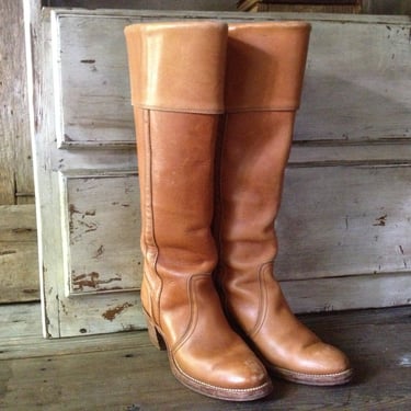60s Frye Leather Boots Cognac Brown Pirate Campus Boots Size 6,5 US 