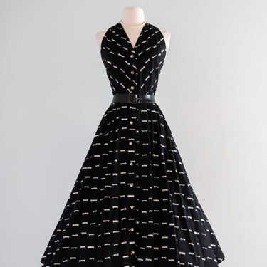 Vintage 1950's Black Cotton “Tiny Trolley”  Novelty Print Halter Dress / Medium