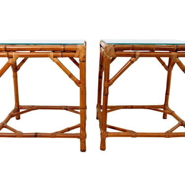 Pair of square bamboo low tables with glass tops