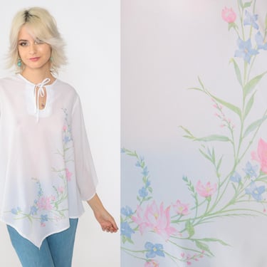 70s Floral Blouse White Bell Sleeve Top Boho Hippie Flower Print Shirt Semi-Sheer Keyhole Seventies Long Sleeve Vintage 1970s Medium 