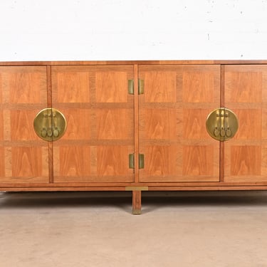 Michael Taylor for Baker Hollywood Regency Chinoiserie Walnut Sideboard Credenza, 1960s