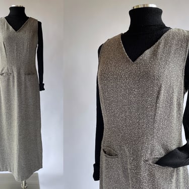 Vintage 80s-90s Gray Houndstooth Maxi Dress w Front Slit Pockets by STUDIO 32 Size Medium | Business Workwear, Fall, Winter, Classic, Simple 