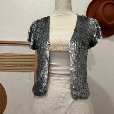 Vintage Y2K Handmade Silver Scale Sequin Delicate Short Sleeve Open Style Top 