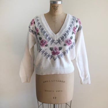 Cream Floral V-Neck Pullover with Shoulder Pads - 1990s 