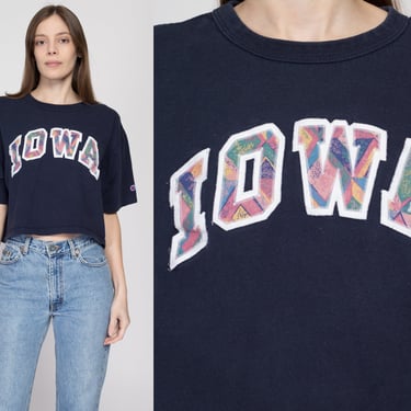 Large 80s University Of Iowa Cropped T Shirt | Vintage Champion Navy Blue Collegiate Graphic Crop Top Tee 