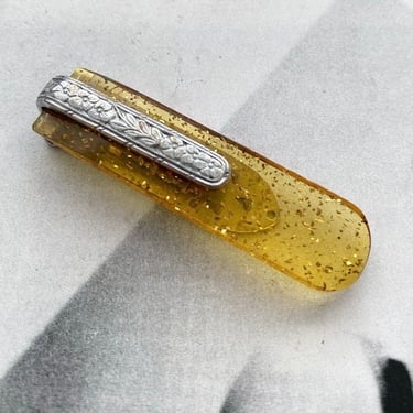 Vintage Art Deco 1930s carved  Apple juice Bakelite & Rhinestone dress clip modernist by BakeliteBa