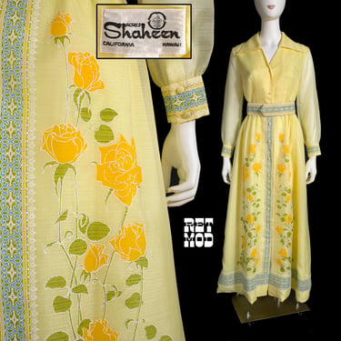 Pretty Vintage 60s 70s Light Yellow Alfred Shaheen Floral Border Print Maxi Dress 