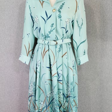 1980s Robin Egg Blue Shirtdress by Serben - Floral - Midi Dress - Long Sleeve - Spring Dress 