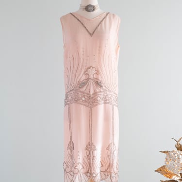 Rare Antique 1920's "Birth OF Venus" Shell Pink Beaded Flapper Dress / M