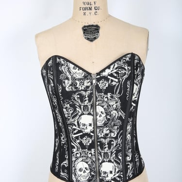 Vintage Black & White Skull Bustier Bra Top Corset Streetwear Grunge Hiphop Punk Rave Concert 