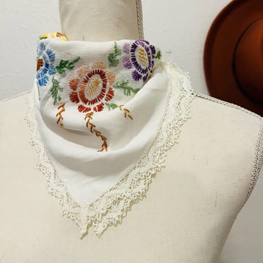 Handmade Vintage White Crochet Lace Trim Floral Embroidered Square Bandana 