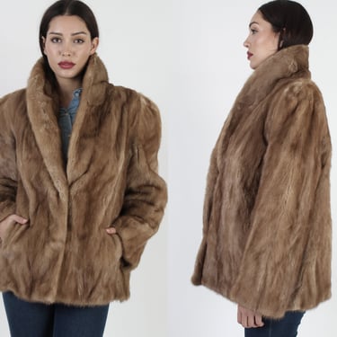 Womens Brown Mink Coat / Vintage 80s Autumn Haze Fur Jacket / Genuine Plush Tan Large Shawl Collar / Warm Opera Stroller Jacket 