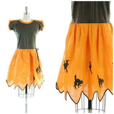 1920s Dress - Rare Vintage 20s Halloween Costume Dress in Crisp Orange and Black Cotton with Hand Cut Witch and Cat Appliques 