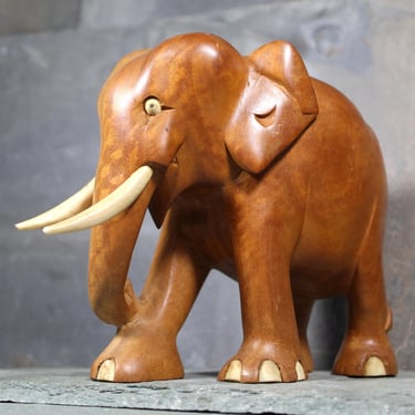 Antique Carved Wooden Elephant Sculpture | Ceylon Sri Lanka Wooden Elephant | Bixley Shop 