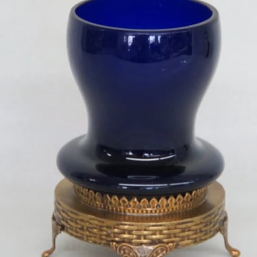 Cobalt Blue Glass Brass Finish Footed Pedestal Base Small Vase 3139B