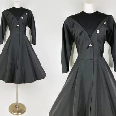 VINTAGE 50s Black Taffeta and Wool Knit Full Sweep Party Dress by Frank Tisch, Mr Ric Holiday | 1950d Fall Winter Unique Day Dress | VFG 