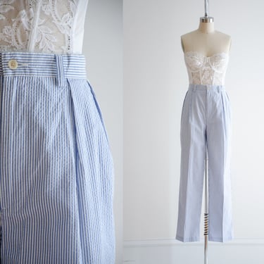 high waisted pants | 90s vintage Polo Ralph Lauren men's blue white striped seersucker cotton trousers 