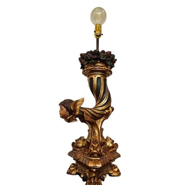 Antique French Empire Period Carved Polychrome Giltwood Figural Cornucopia Candlestick Table Lamp 