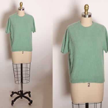 1950s 1960s Mint Blue Green Short Sleeve Angora Pullover Sweater Blouse -L 