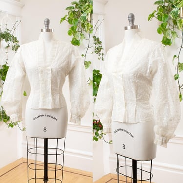 Vintage 1950s Blouse | 50s Heart Embroidered Sheer White Chiffon Long Balloon Bishop Sleeve Button Down Dressy Top | medium/large 