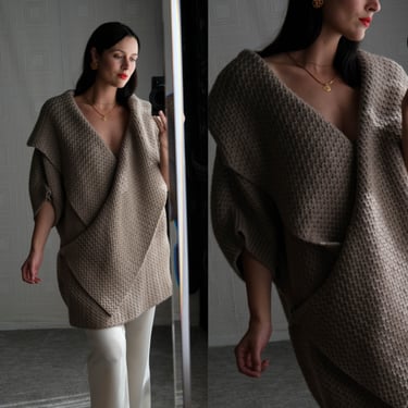 Vintage STELLA McCARTNEY Taupe Heavy Crochet Knit Angora Wrap Wide Collar Cardigan | Made in Italy | Y2K Designer Winter Blanket Cardigan 