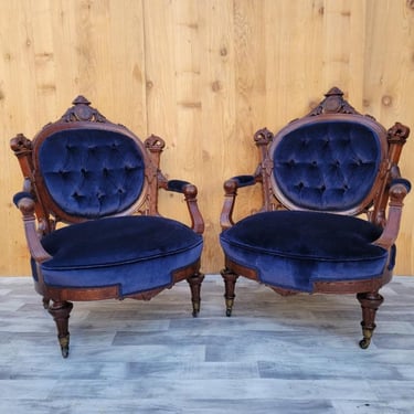 Antique Victorian Eastlake Hand Carved Walnut with Burled Walnut His/Her Tufted Armchairs Newly Upholstered in Plush 