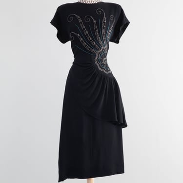 Stunning 1940's Rayon Crepe Cocktail Dress With Radiant Beading / Medium