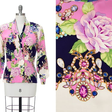 Vintage 1980s Blouse | 80s Silk Novelty Print Floral Rhinestone Jewelry Watches  Pink Blue Long Sleeve Top (medium/large) 