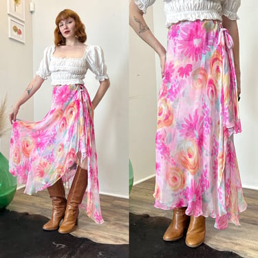 Vintage 1980s Skirt / 80s Floral Silk Chiffon Wrap Skirt / Pink ( XS S ) 