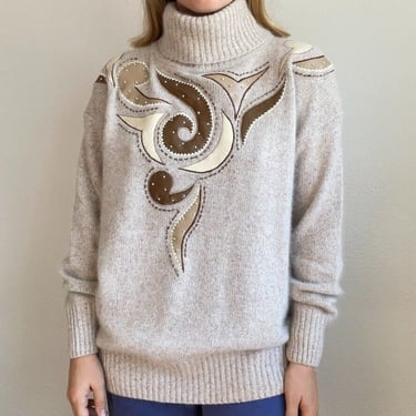 Vintage 80s Womens IB Diffusion Angora Silk Blend Geometric Beige Sweater Sz 2X 