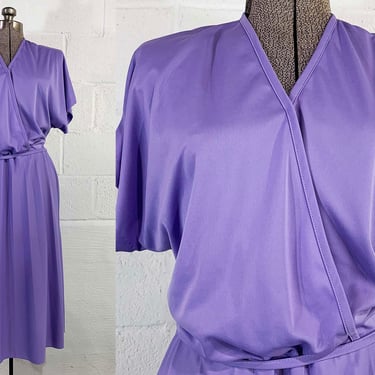 Vintage Pastel Purple Dress Midi Short Sleeve Blousy Wrap Front Violet Lavender Wedding Blair Plus Curvy Volup XL XXL 2XL 1XL 2X 1X 1980s 