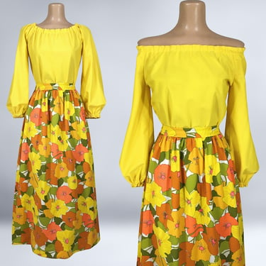 VINTAGE 70s Flower Power Maxi Skirt and Balloon Sleeve Blouse Set | 1970s Handmade Off Shoulder Top Skirt Outfit | Thompson California vfg 