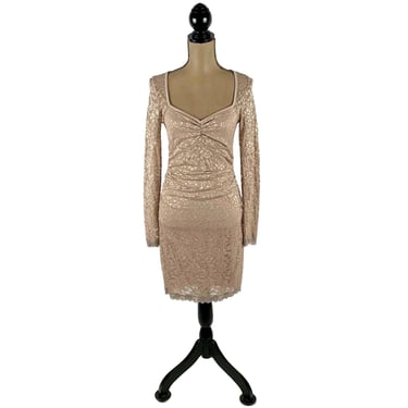 S - 90s Stretch Lace Midi Long Sleeve Bodycon Dress Small, Beige Ruched Low Cut Cocktail Club 1990s Clothes Women Vintage MODA INTERNATIONAL 