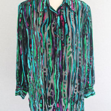 Bob Mackie - Lazer Cut - Burn Out - Velvet blouse - Buttondown - Marked size M to Larger Sizes 