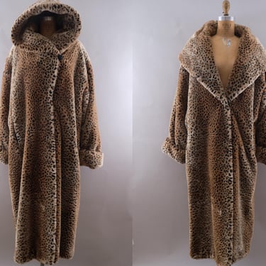 Vintage 80s Hooded Leopard Print Coat Faux Fur Full Length Extra Large XL 