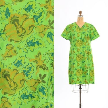 Vintage 60s green floral butterfly skirt shift dress 