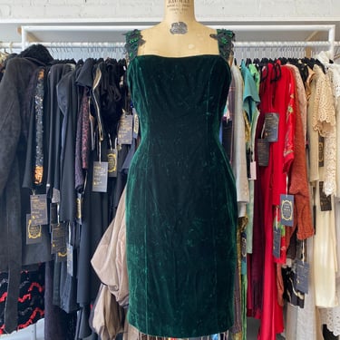 vintage 1990s green velvet cocktail dress hourglass beaded small 80s prom formal 