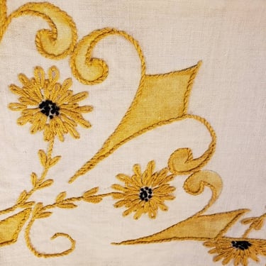 Vintage 40s Yellow Gold Cotton Tablecloth Hand Embroidered 