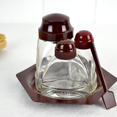 Bakelite Spice Cruet Art Deco 30's Poncet Salt Pepper Shaker Mustard Pot Spice Shaker Tray Vintage Pepper Shaker Salt Shaker Spices 