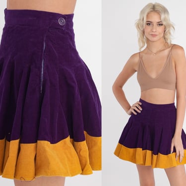 Pleated Mini Skirt 70s Corduroy Tennis Skirt Purple Yellow High Waisted Schoolgirl Skirt Retro Cheerleader Festival Vintage 1970s 2xs xxs 