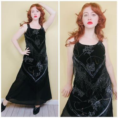 1990s Vintage Witchy Black Velvet Burnout Dress / 90s Floral Fringe Trim Bias Cut / Size Large 