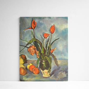 Vintage Still Life Oil Painting of Red Flowers and Fruit 