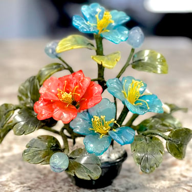 VINTAGE: Jade Stone Flower Arrangement - Flower Plant - Jade Plant - Precious Stone Flower Tree - Hand Carved Stone - SKU 00035158 