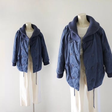 navy parka jacket - 7/8 - vintage 80s 90s dark blue womens cotton canvas puffer marshmallow size small peacoat puff jacket 