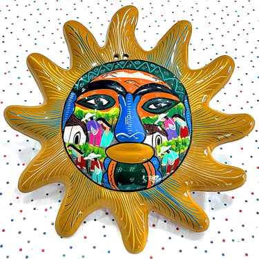 VINTAGE: 9" Mexican Pottery Wall Hanging Sun - Colorful Hand Painted - Made in Mexico - Artisan Made - Folk Art 