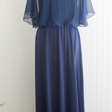 1970s 70s - Navy Blue Evening Gown - Montgomery Ward - Cocktail Dress - Formal 