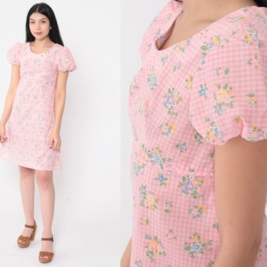 60s Babydoll Dress -- Pink Gingham Floral Mod Mini Dolly Puff Sleeve 70s Cottagecore Boho Vintage Empire Waist Bohemian Extra Small xs s 